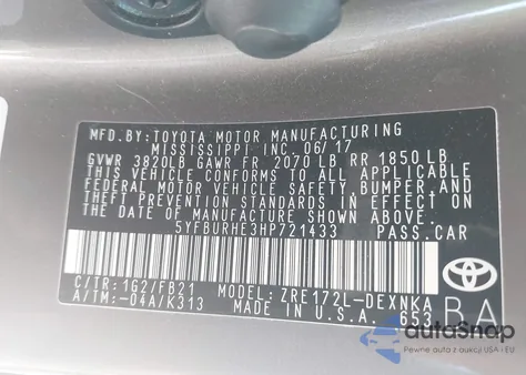 2017 Toyota Corolla Le from USA, damaged, VIN 5YFBURHE3HP721433